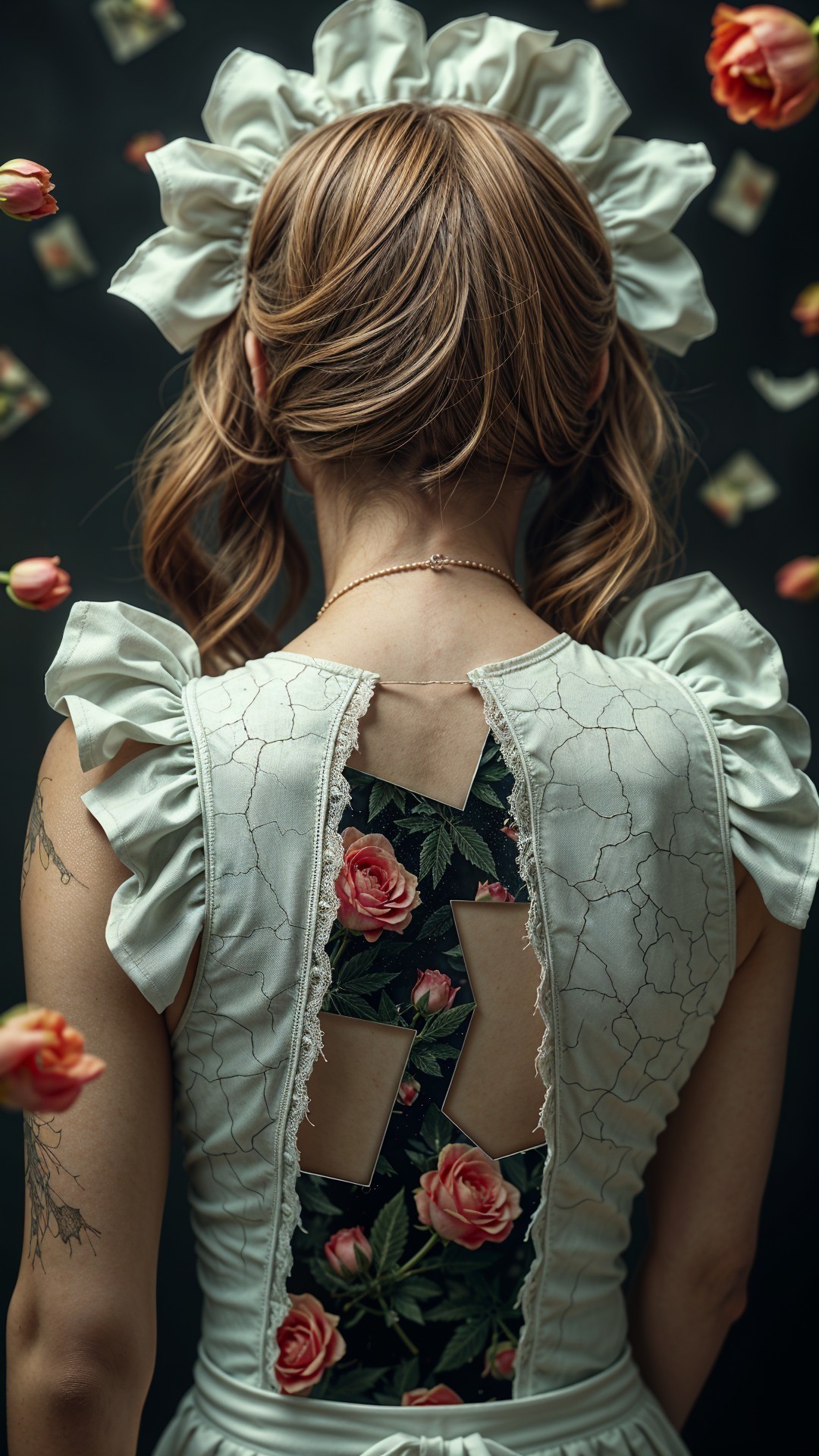 Young Woman in Unique Dress with Floral and Cracked Design