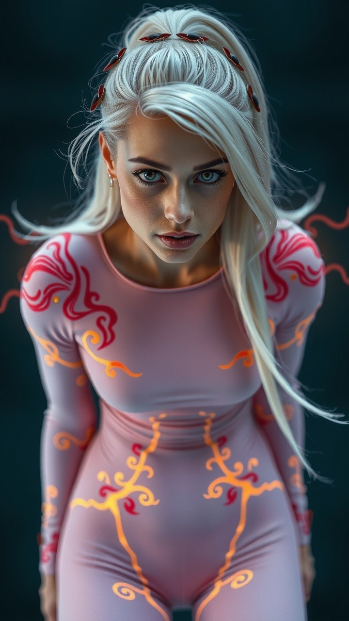 Confident Figure in Pink Bodysuit with Flame Patterns