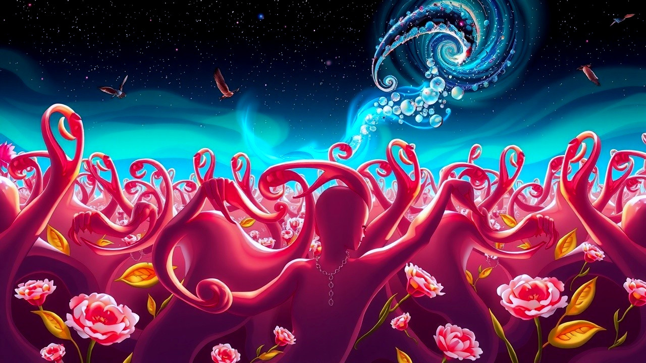 Surreal Landscape with Pink Tendrils and Cosmic Background