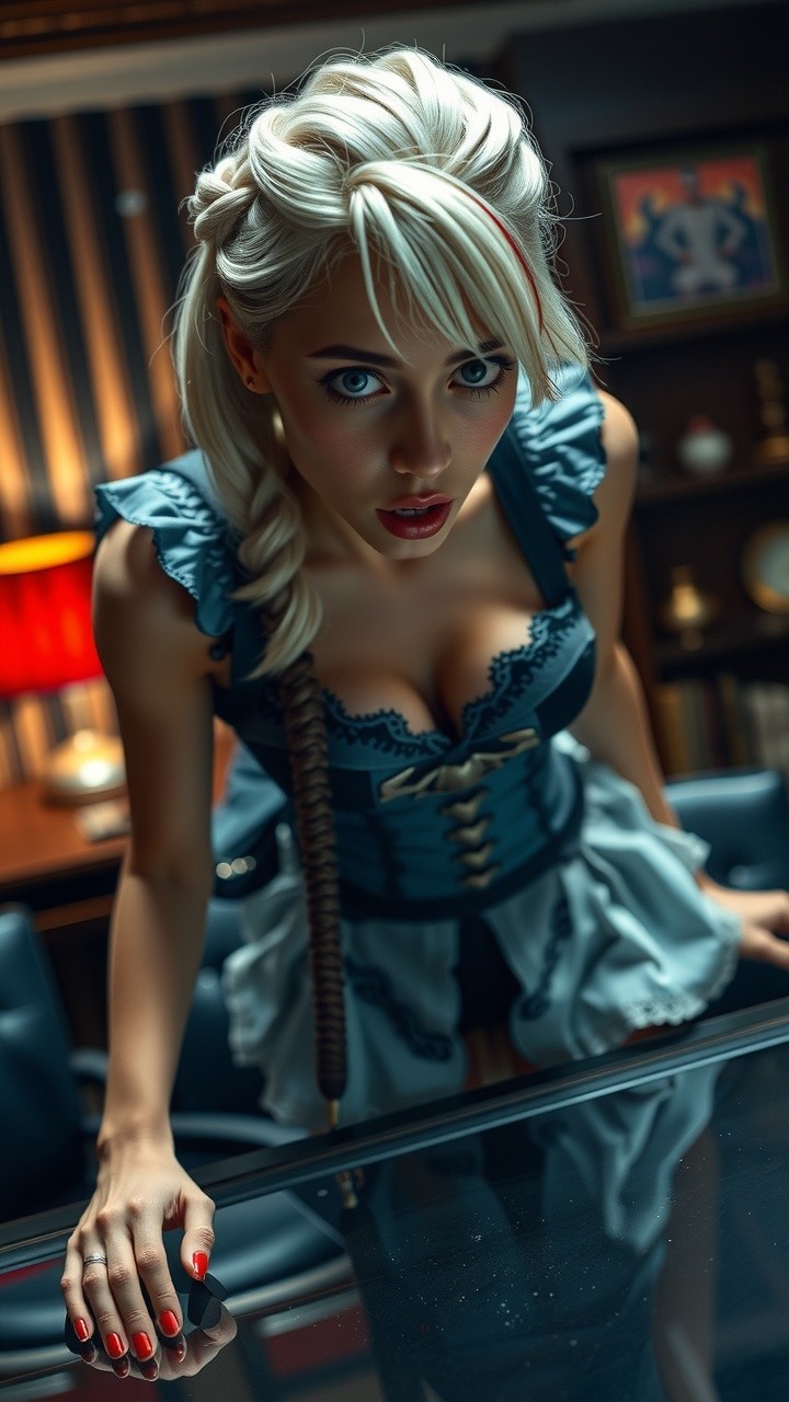 Elegant Woman with Platinum Hair in Dramatic Setting