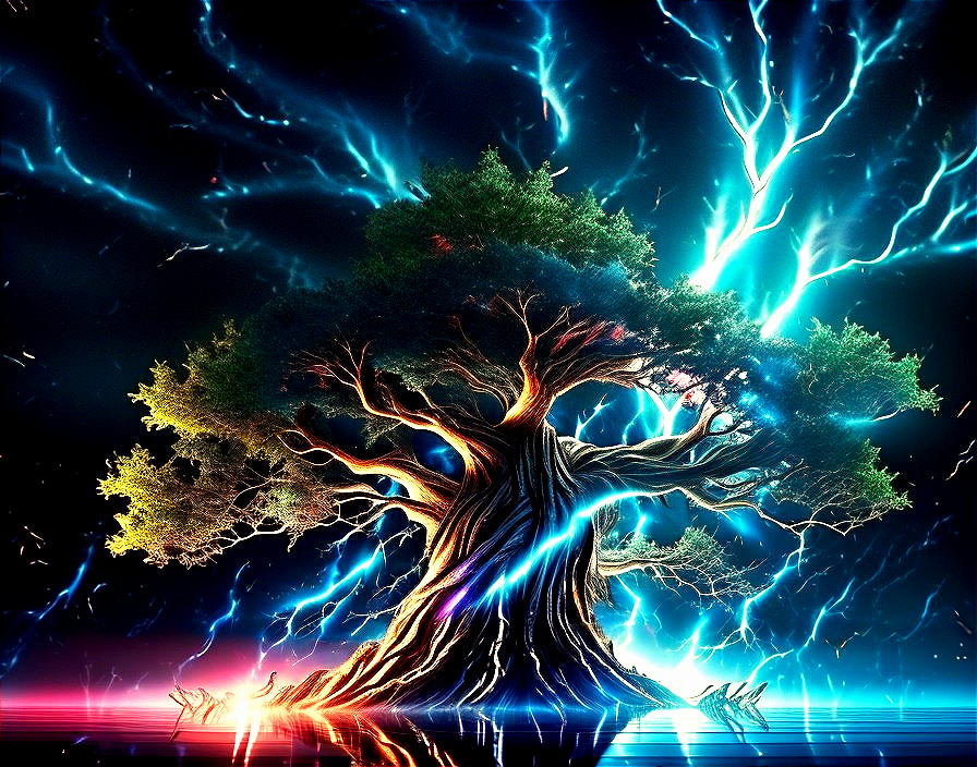 Majestic tree illuminated by blue and purple light