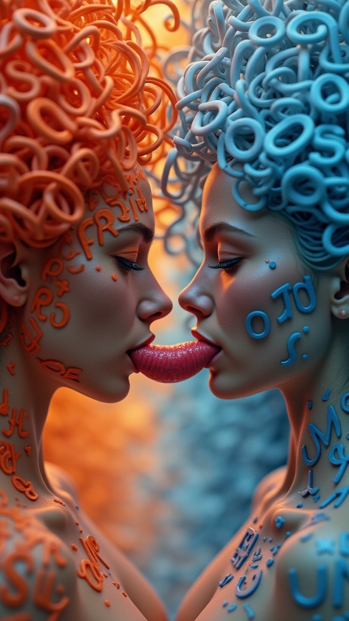 Stylized Figures with Colorful Lettering and Symbols