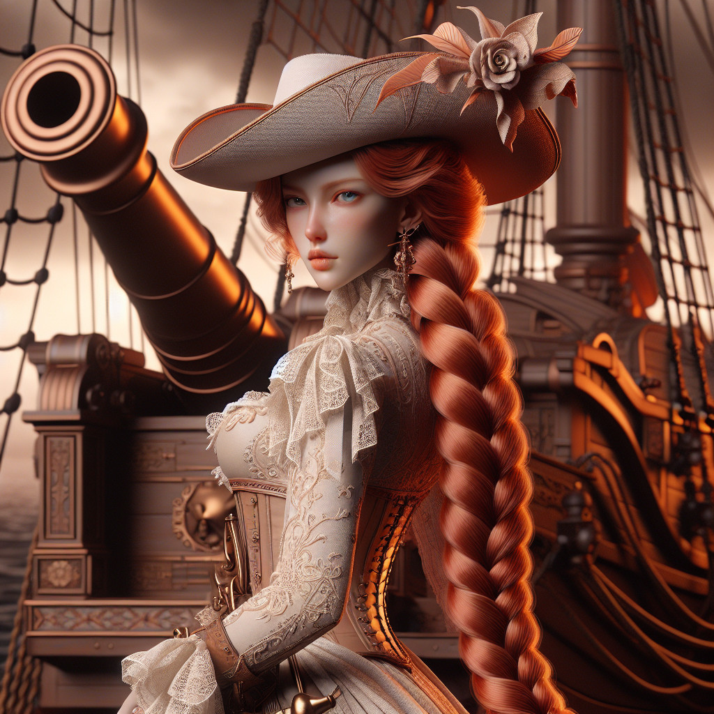 Female figure in vintage pirate outfit by a ship's cannon