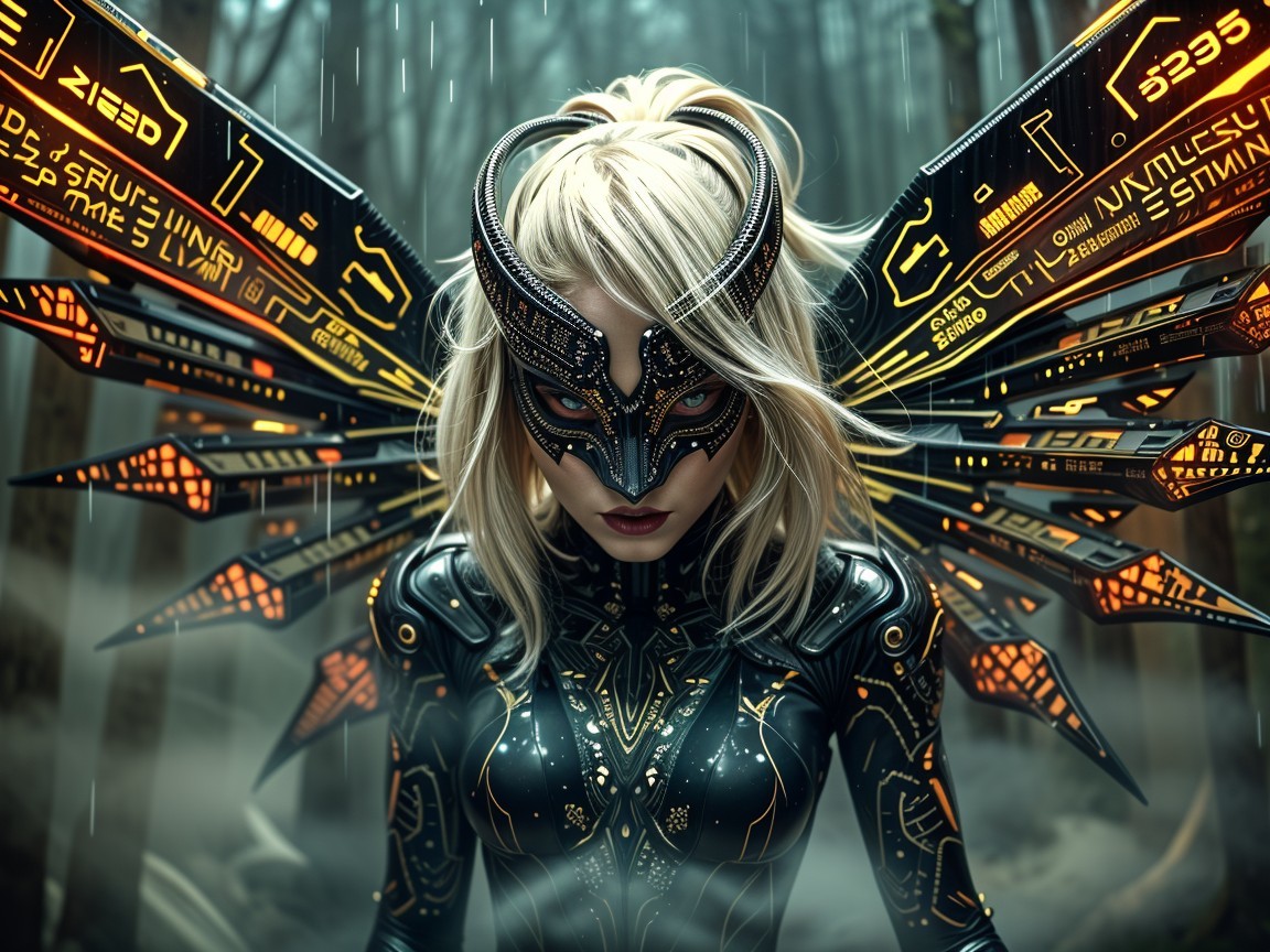 Futuristic Female Figure in Misty Forest with Cyber Wings