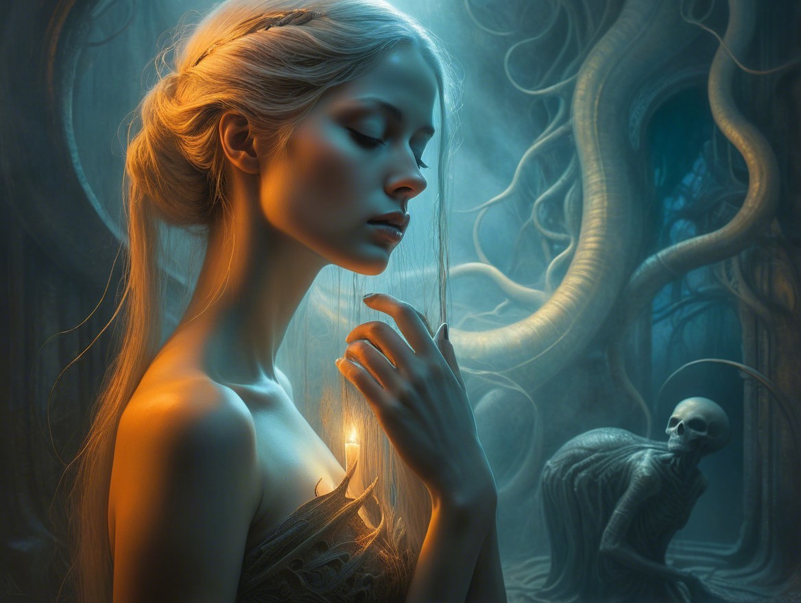 Ethereal Woman with Candle Amidst Shadows and Vines