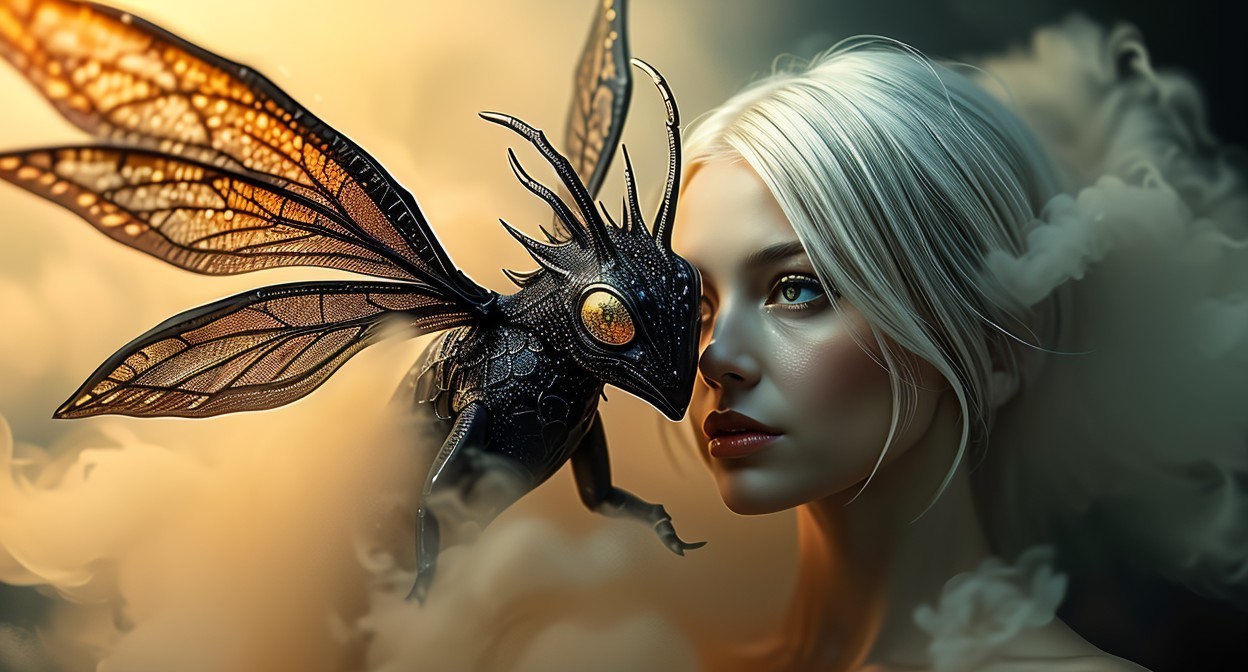 Young Woman with Moth Creature in Ethereal Setting