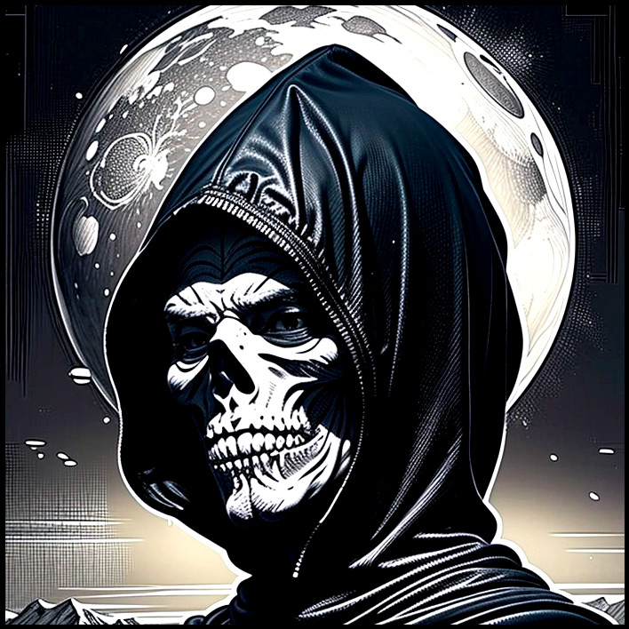 Cloaked Figure with Skull Against Full Moon Background