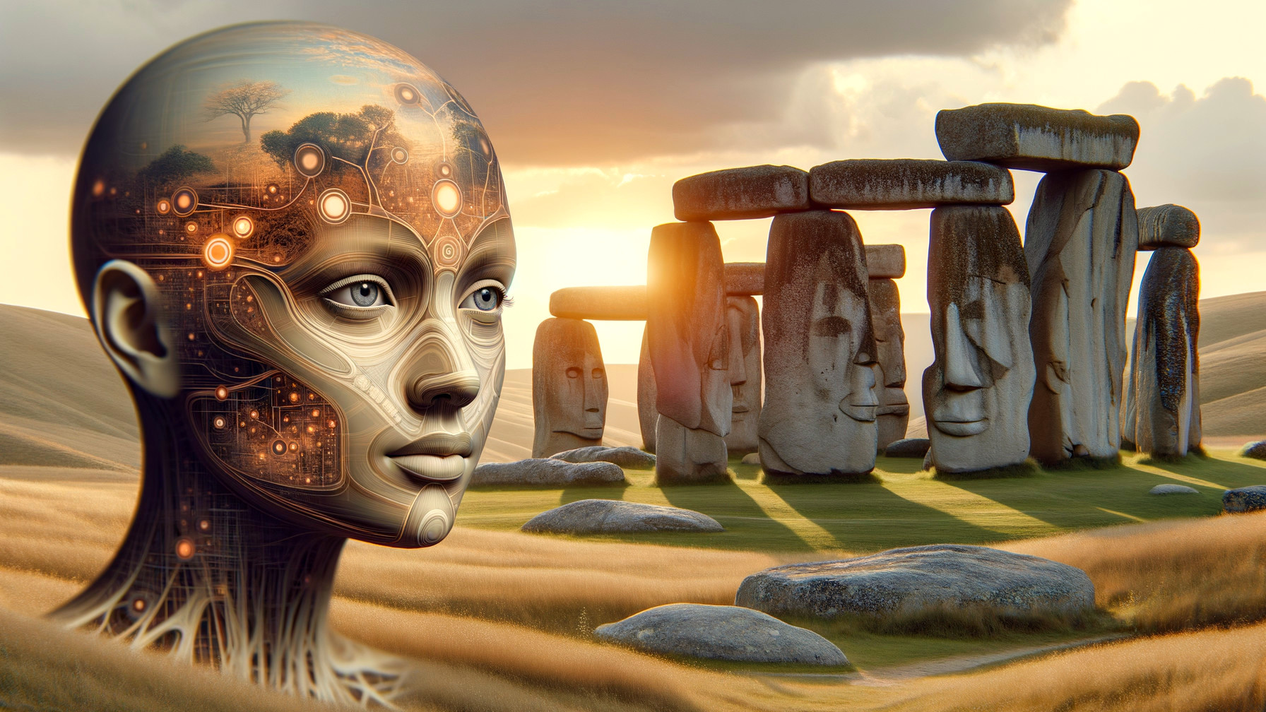 Futuristic Humanoid Figure at Stonehenge Sunset