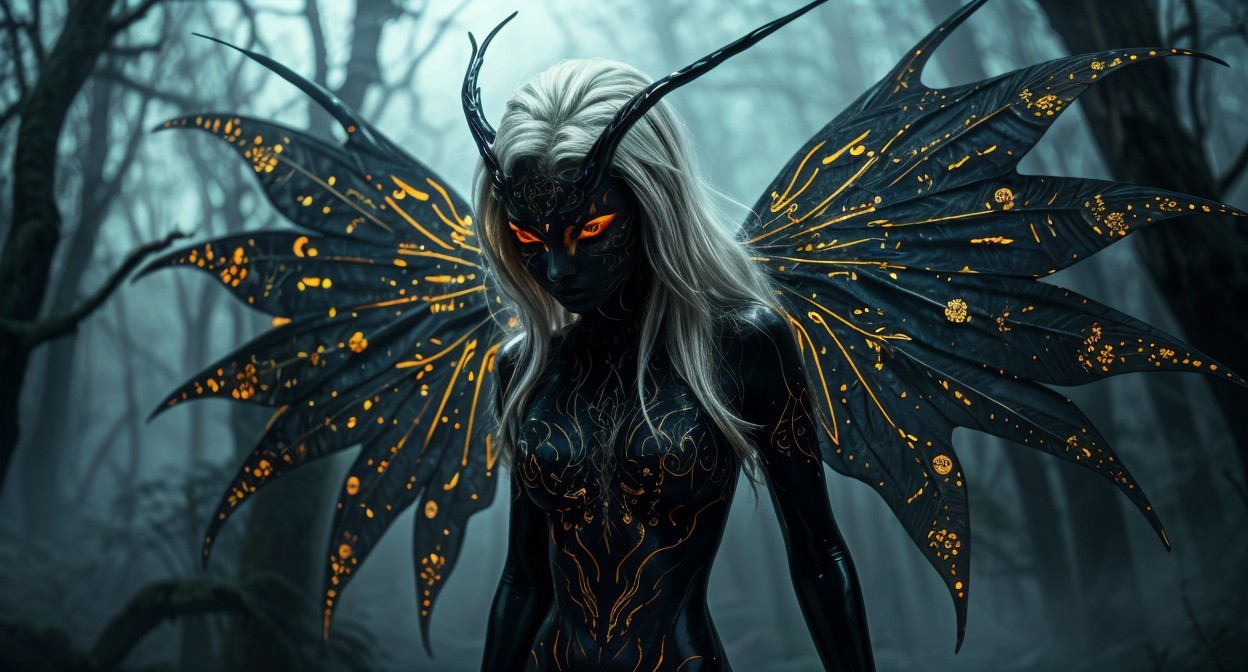 Mythical creature in a foggy forest with glowing wings