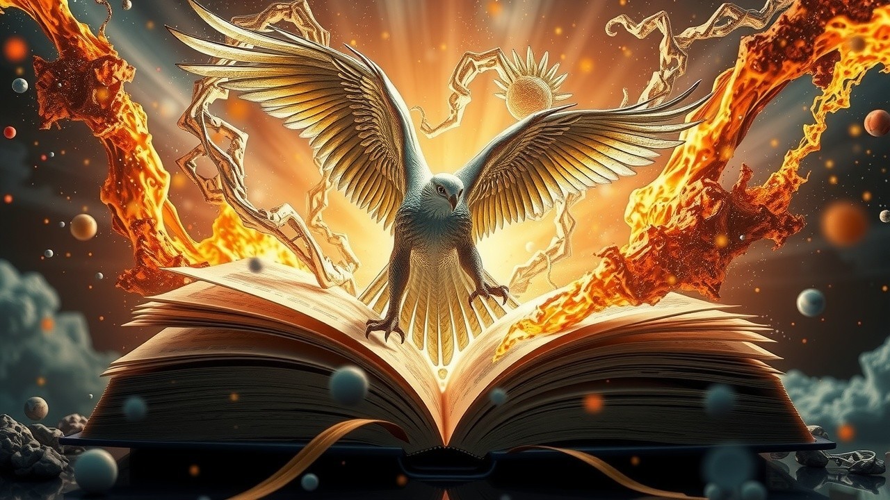 Majestic bird emerging from glowing book with energy