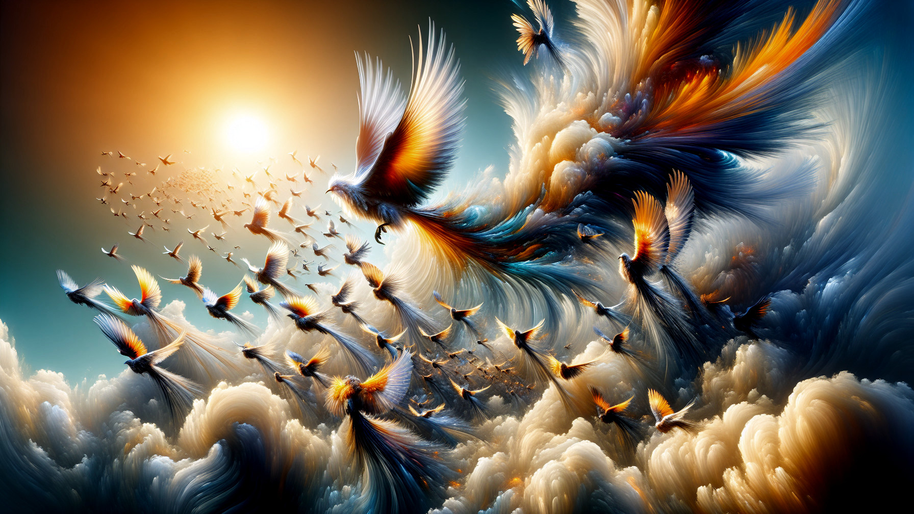 Surreal Landscape with Ethereal Birds and Vibrant Colors