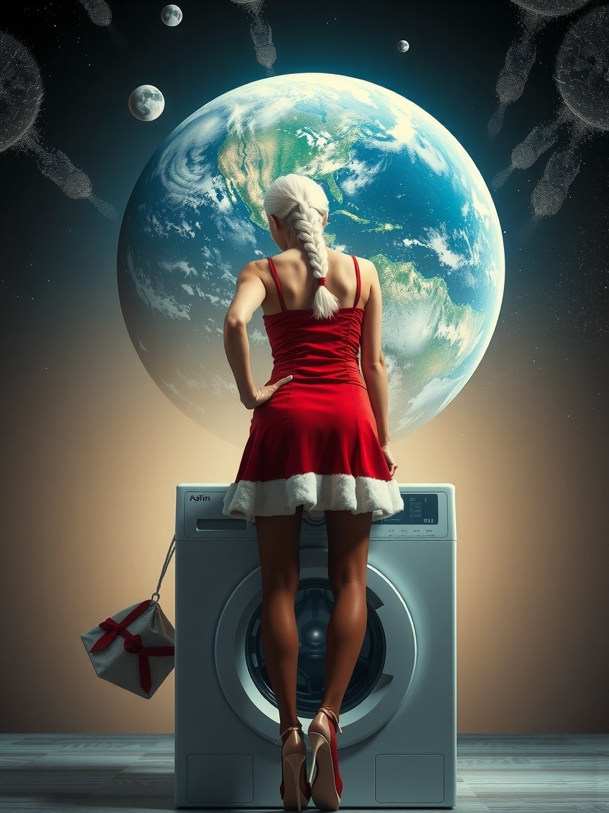 Woman in red dress by washing machine with Earth backdrop