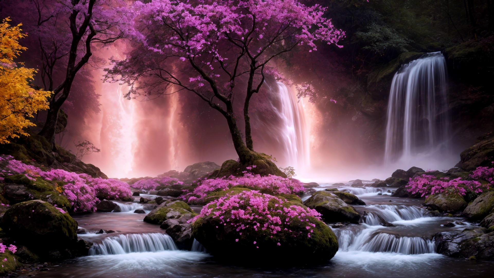 Cherry Blossoms and Waterfalls in a Serene Landscape