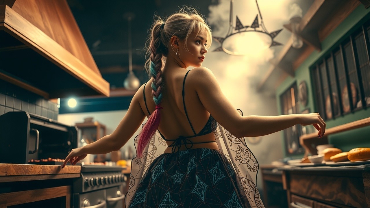 Young Woman in Modern Kitchen with Artistic Decor