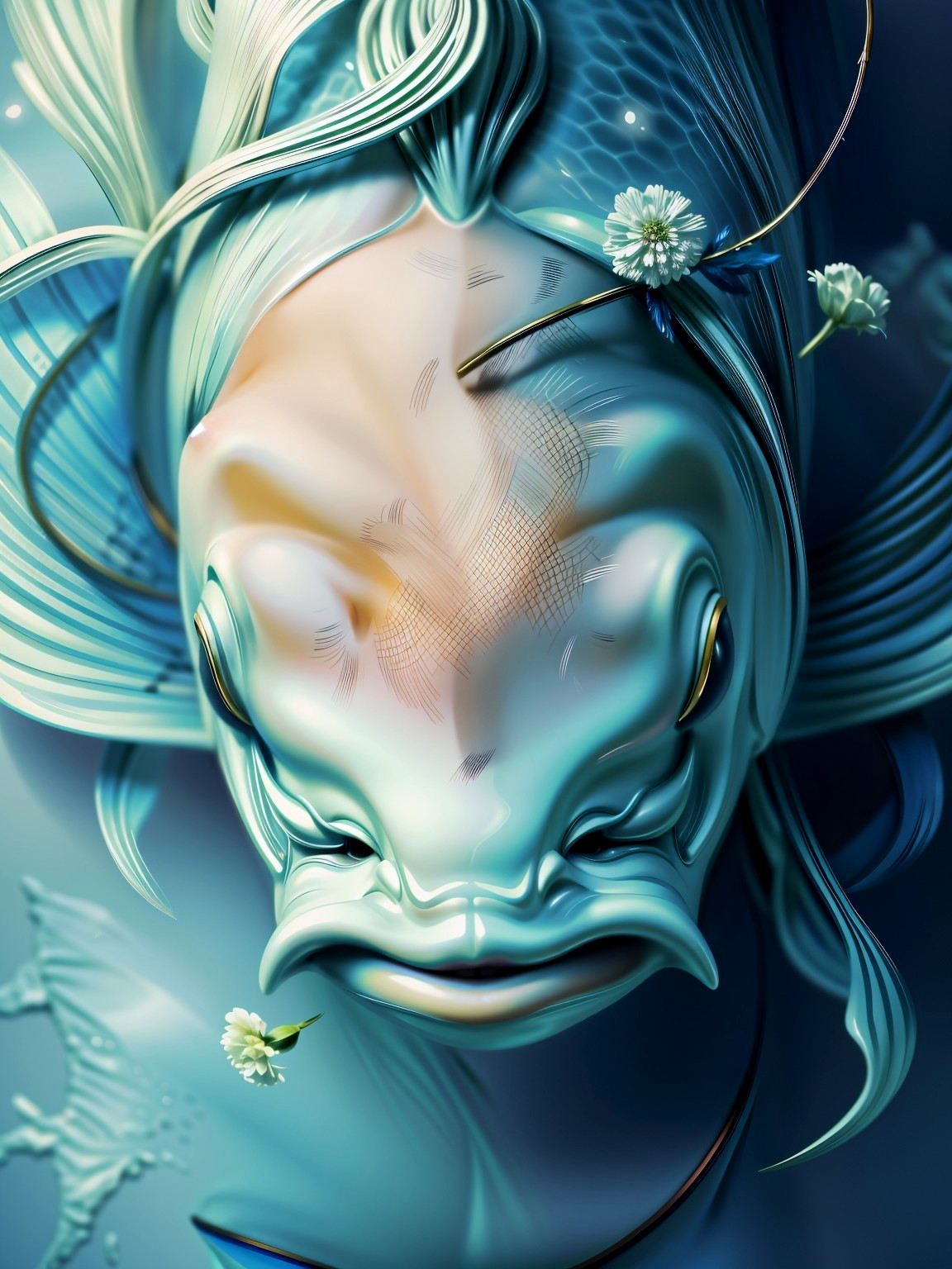 Surreal Fish with Shimmering Scales and Flowers