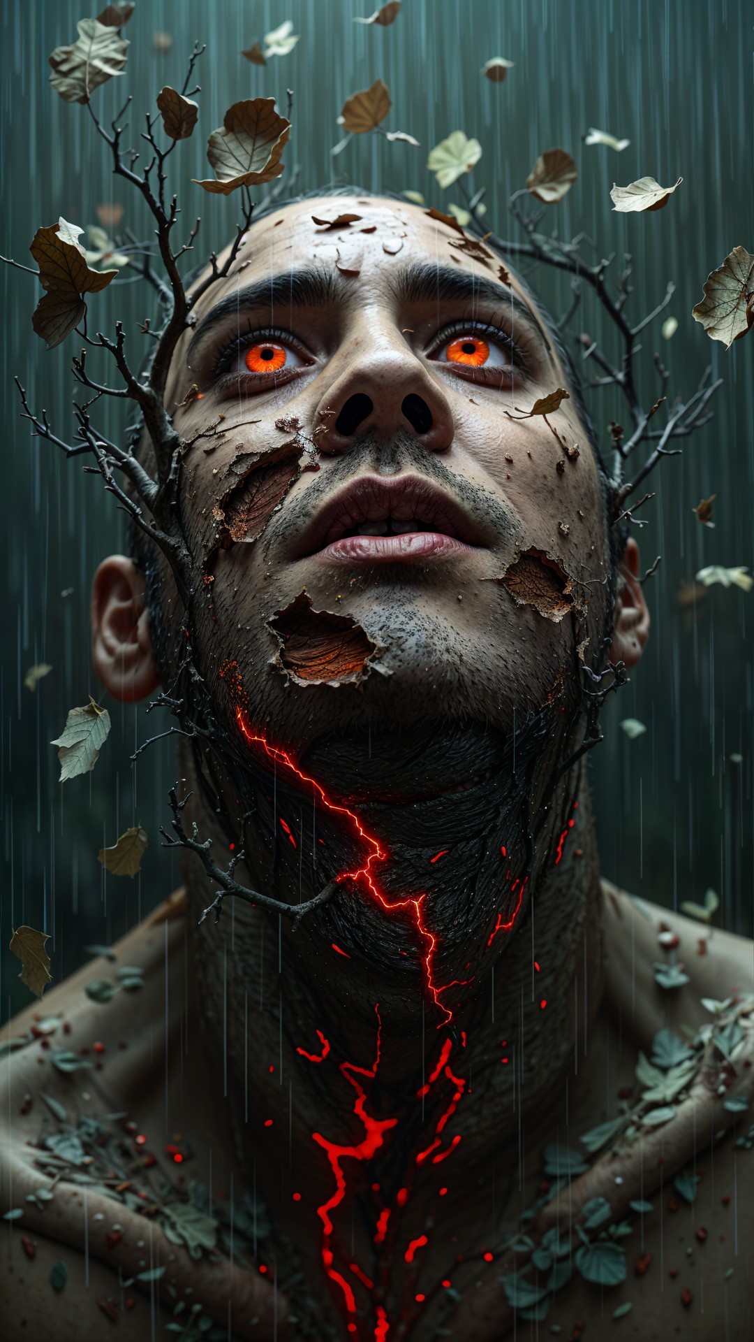 Surreal portrait of a man with bark-like skin and veins