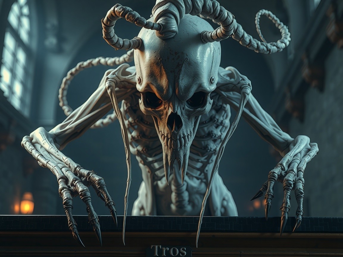 Skeletal Figure in a Dark Gothic Setting