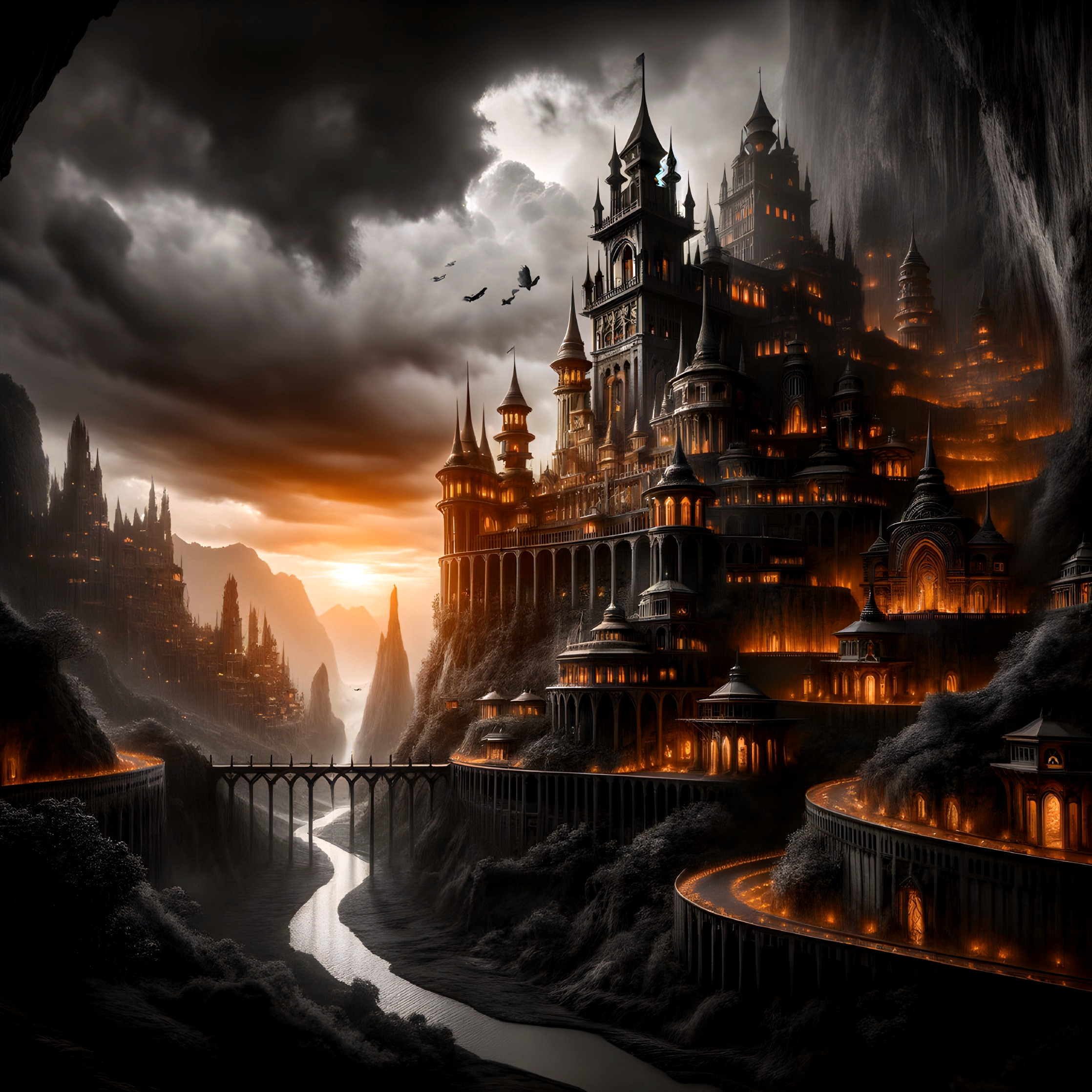Dark Fantasy Castle on Rugged Mountainside at Twilight