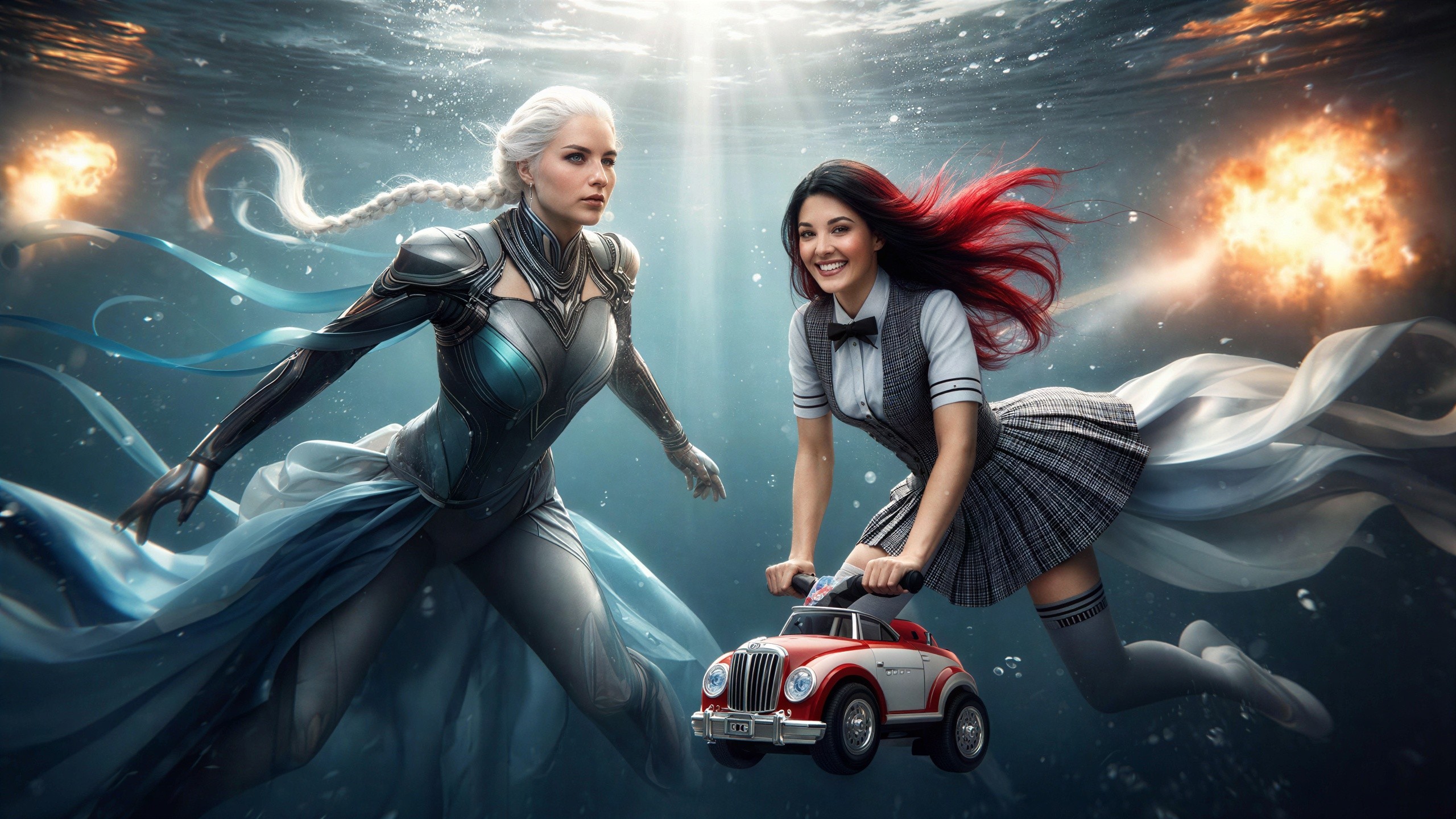 Underwater Scene with Two Women in Unique Attire