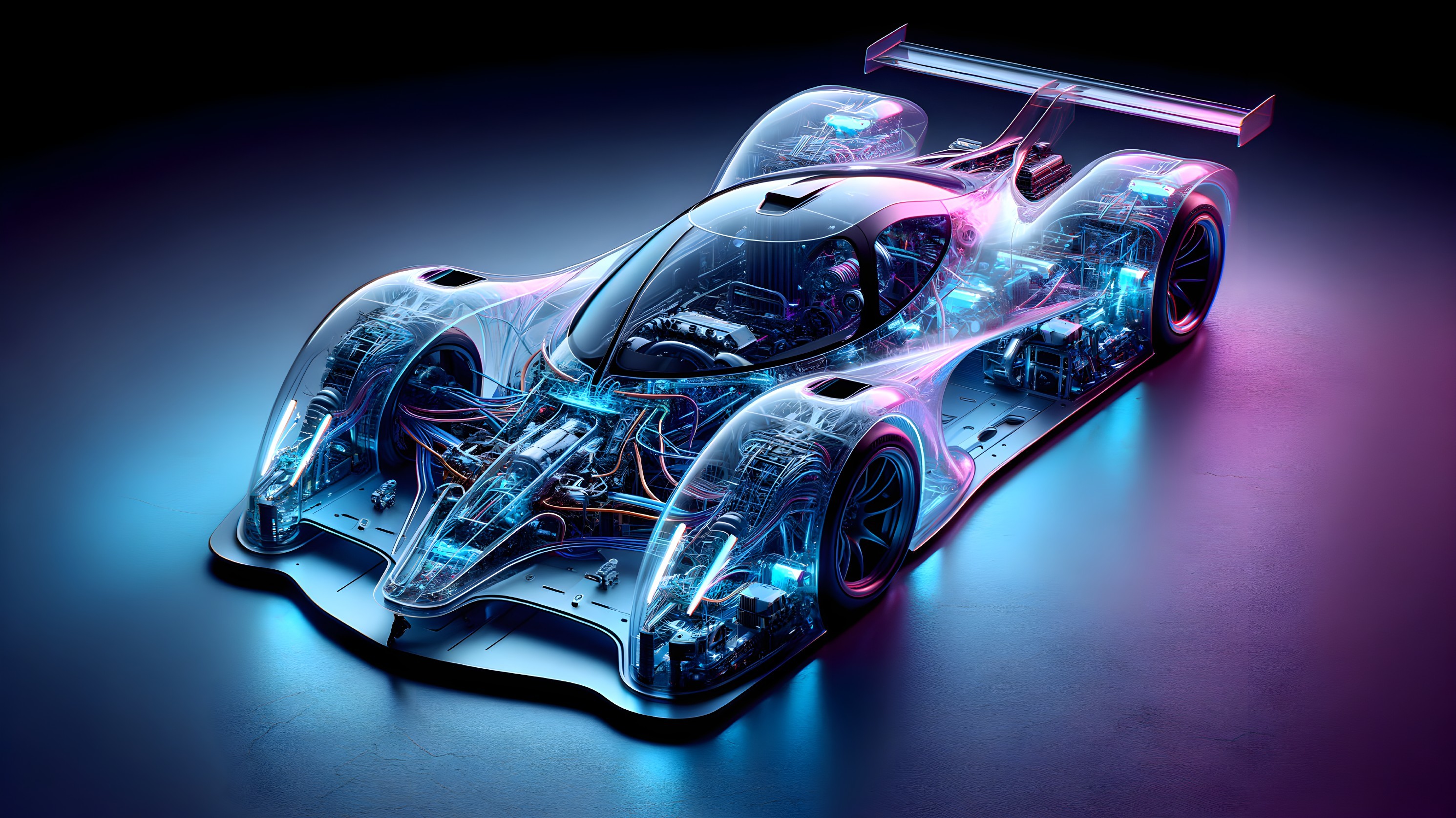 Futuristic race car with transparent exterior and lighting