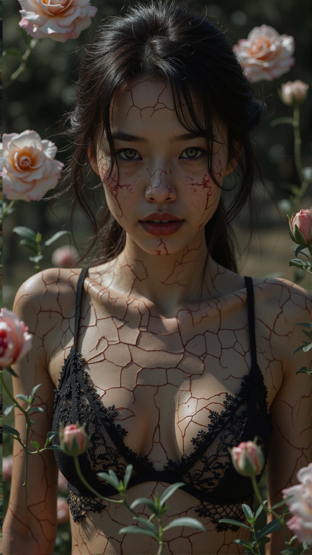 Portrait of a Young Woman with Roses and Unique Makeup