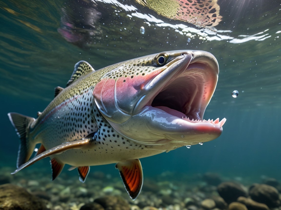 Vibrant Trout Swimming Underwater with Sunlight Effects
