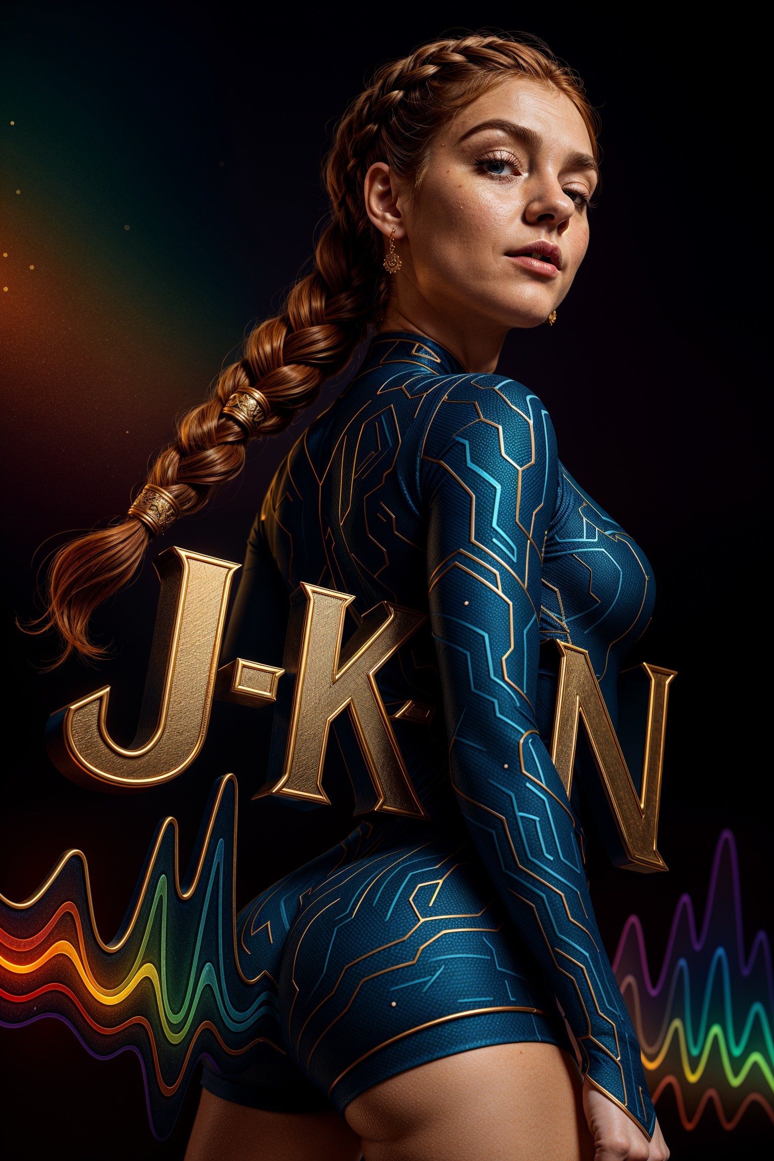 Woman in Blue Bodysuit with Circuit Design and Lights