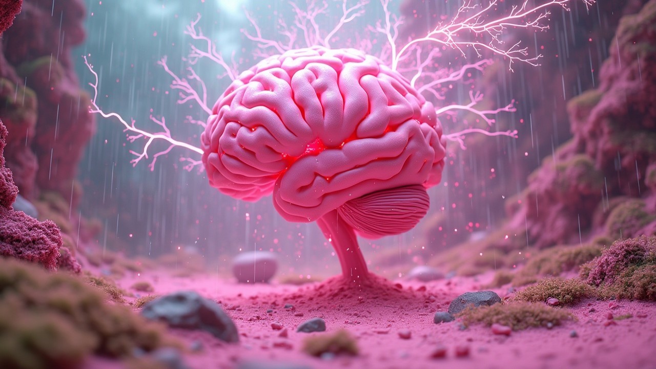 Surreal Brain Emergence in Misty Terrain Scene