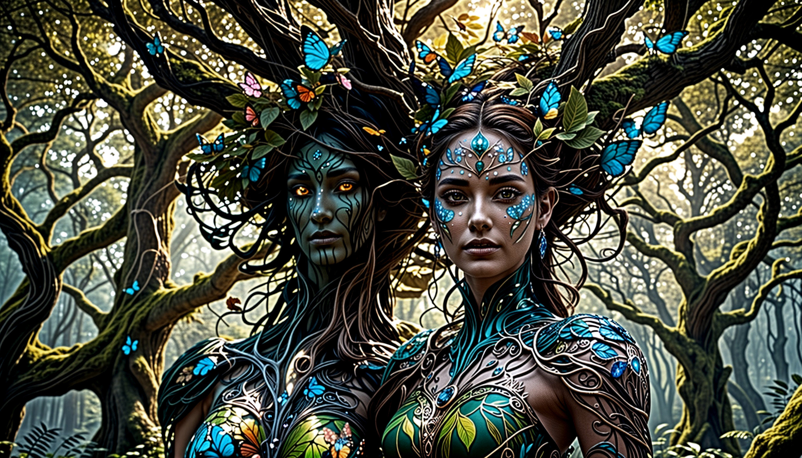 Ethereal Figures Intertwined with Nature and Foliage