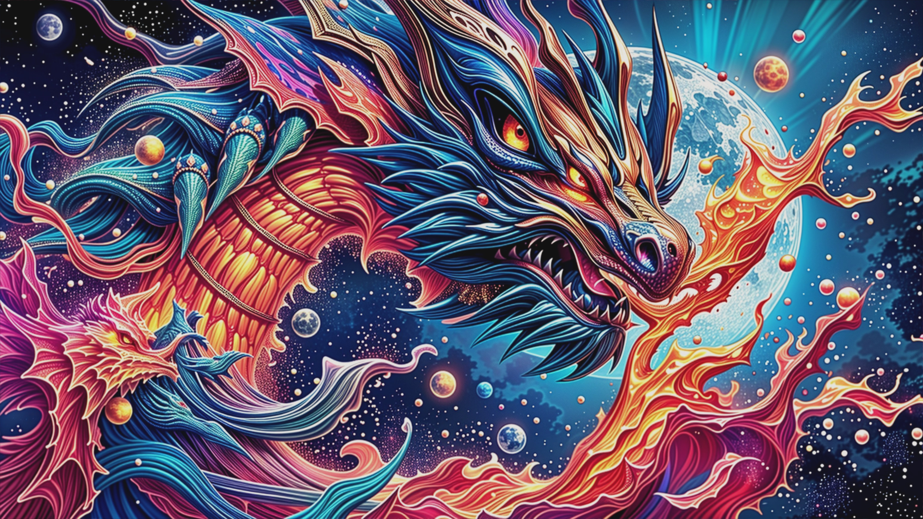 Vibrant Dragon Against Cosmic Galaxy Backdrop