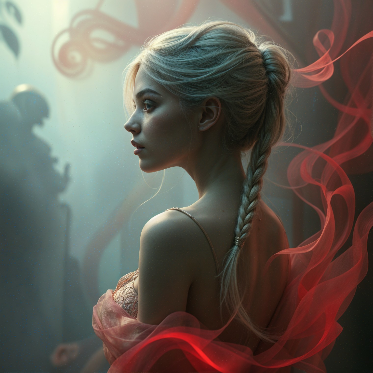 Profile of a Woman with Braided Hair and Ethereal Background