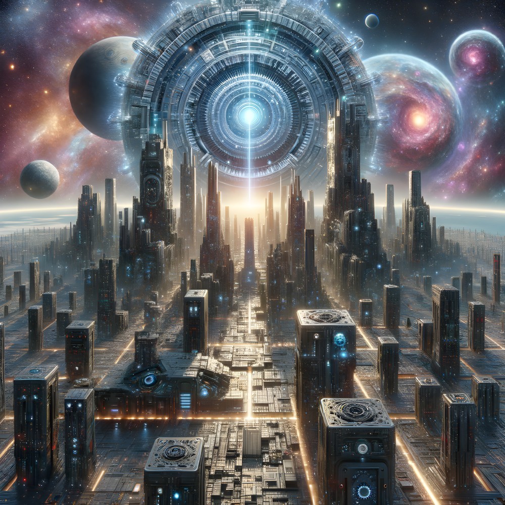 Futuristic cityscape with glowing portal and galaxies