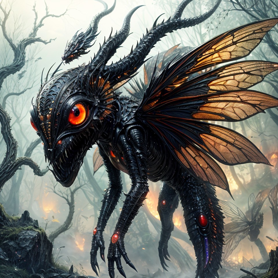 Black Dragon-Butterfly Creature in Mystical Forest