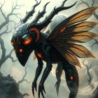 Black Dragon-Butterfly Creature in Mystical Forest