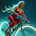 Woman in Red Outfit Riding Bicycle with Glowing Wheels