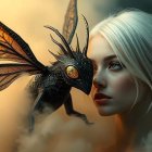 Young Woman with Moth Creature in Ethereal Setting