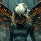 Futuristic Female Figure in Misty Forest with Cyber Wings