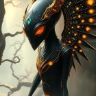 Humanoid Figure with Glossy Skin in Misty Forest