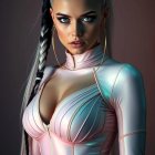Model in Pink Bodysuit with High Collar and Zipper Detail