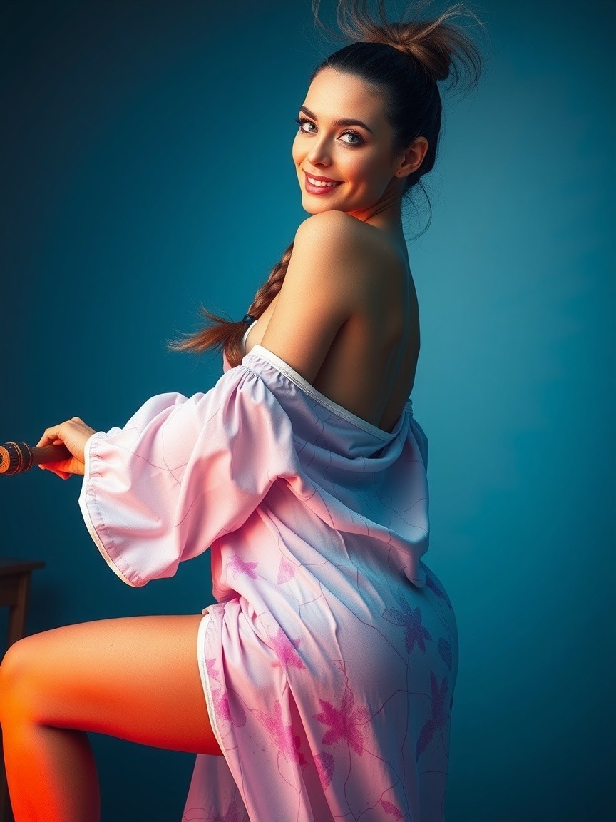 Smiling Woman in Pink Robe Against Blue Backdrop