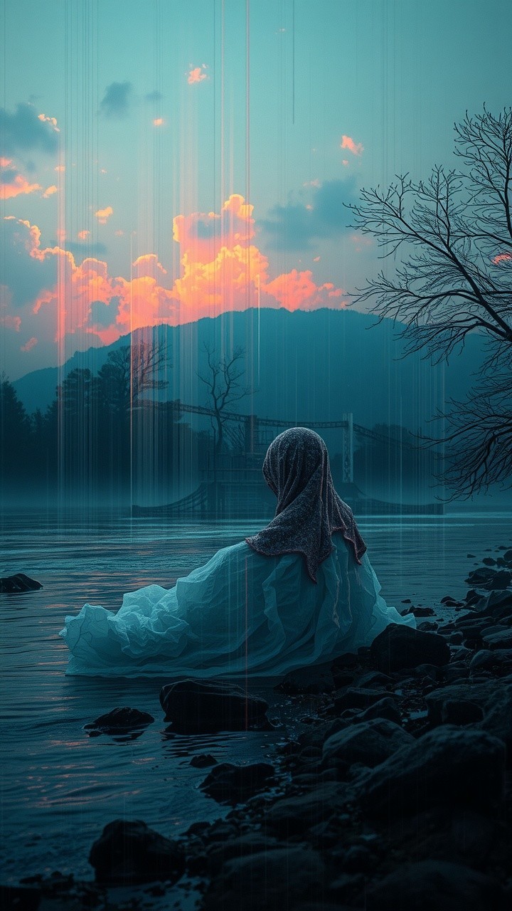 Serene Dusk Landscape with Ethereal Figure by Water