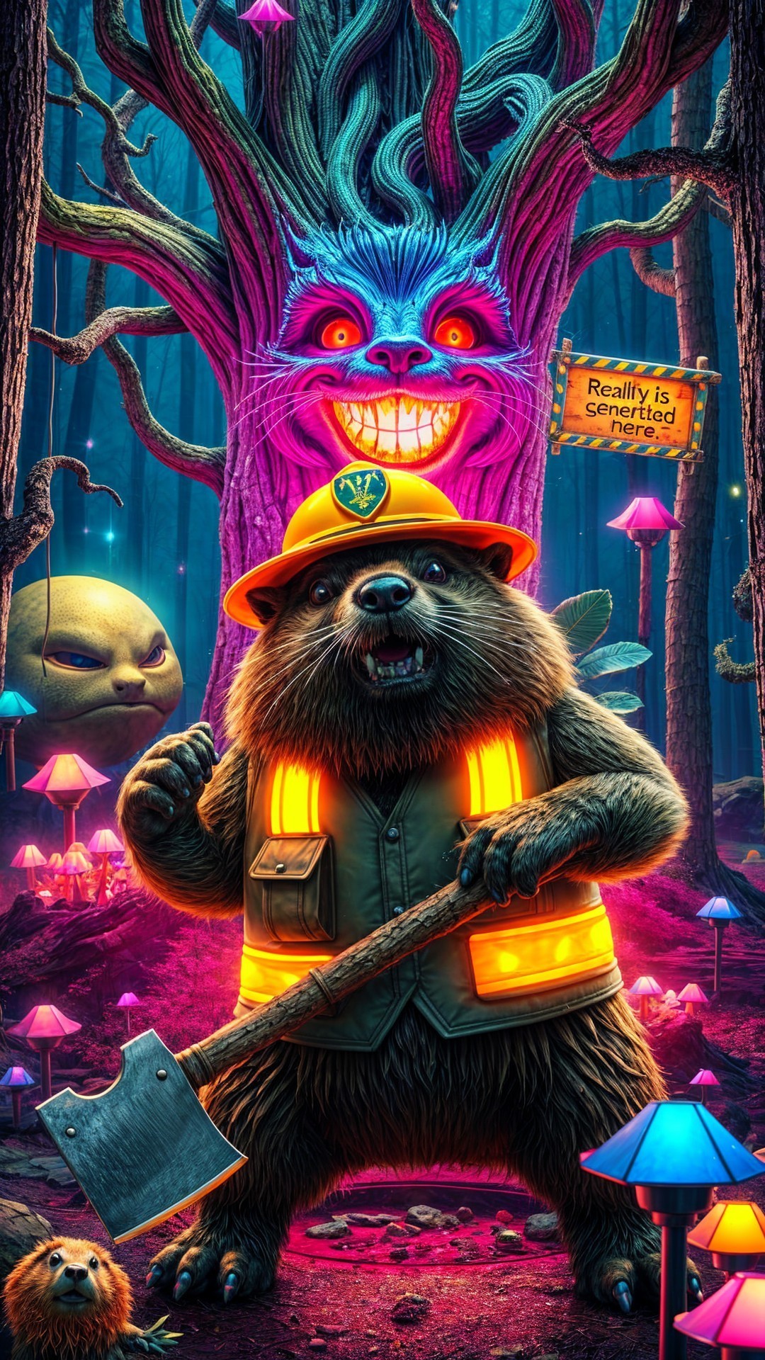 Bear in Safety Vest in Enchanted Forest Scene