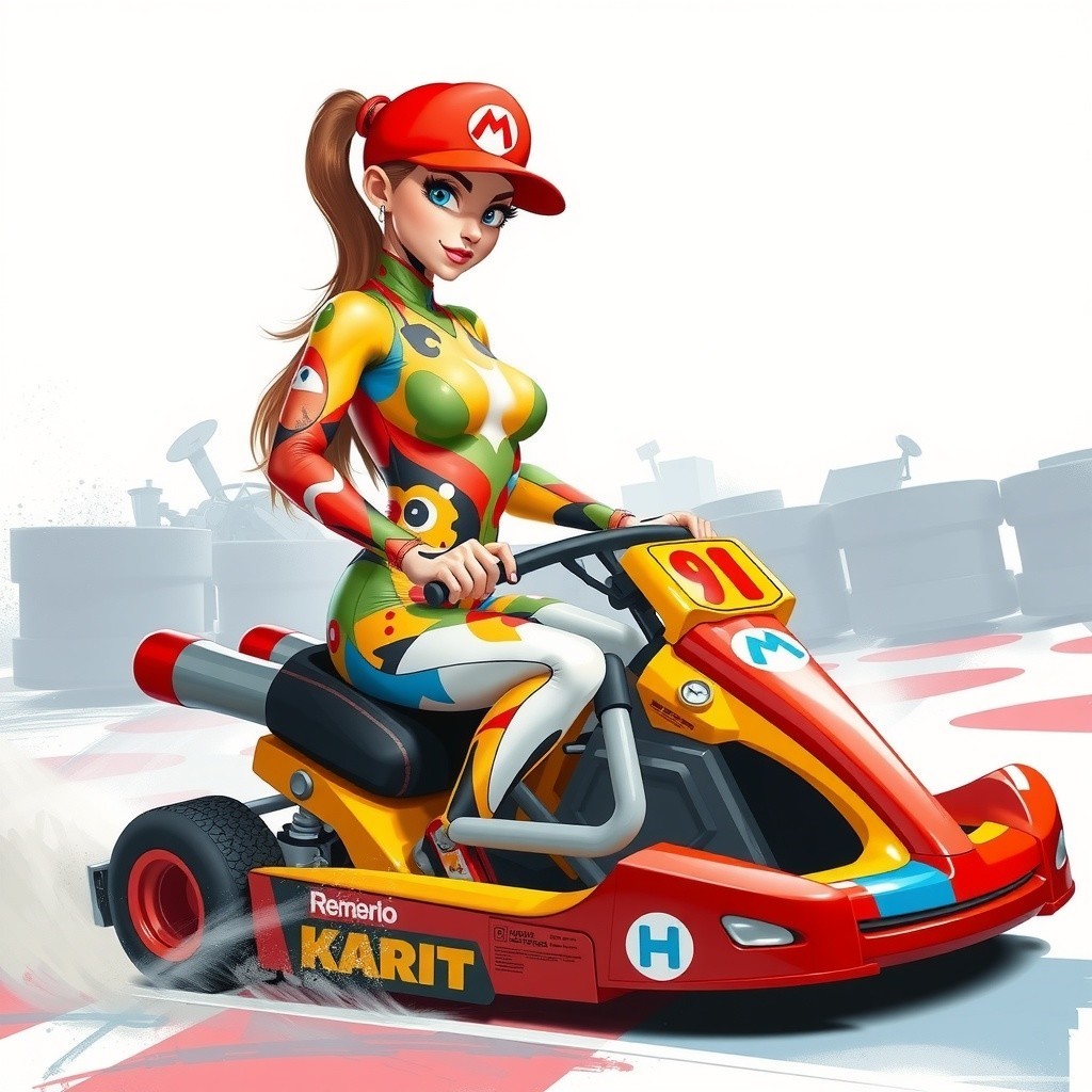 Cartoonish Female Racer in Colorful Go-Kart Design