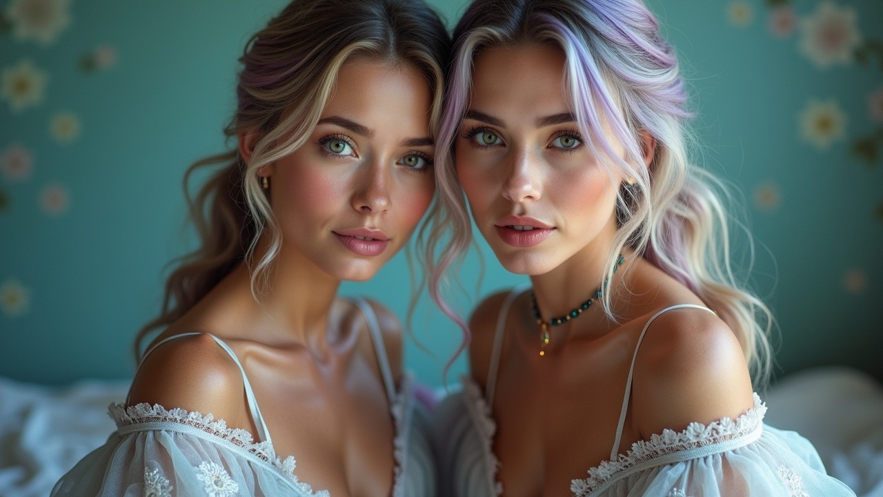 Young women with flowing hair in a pastel setting