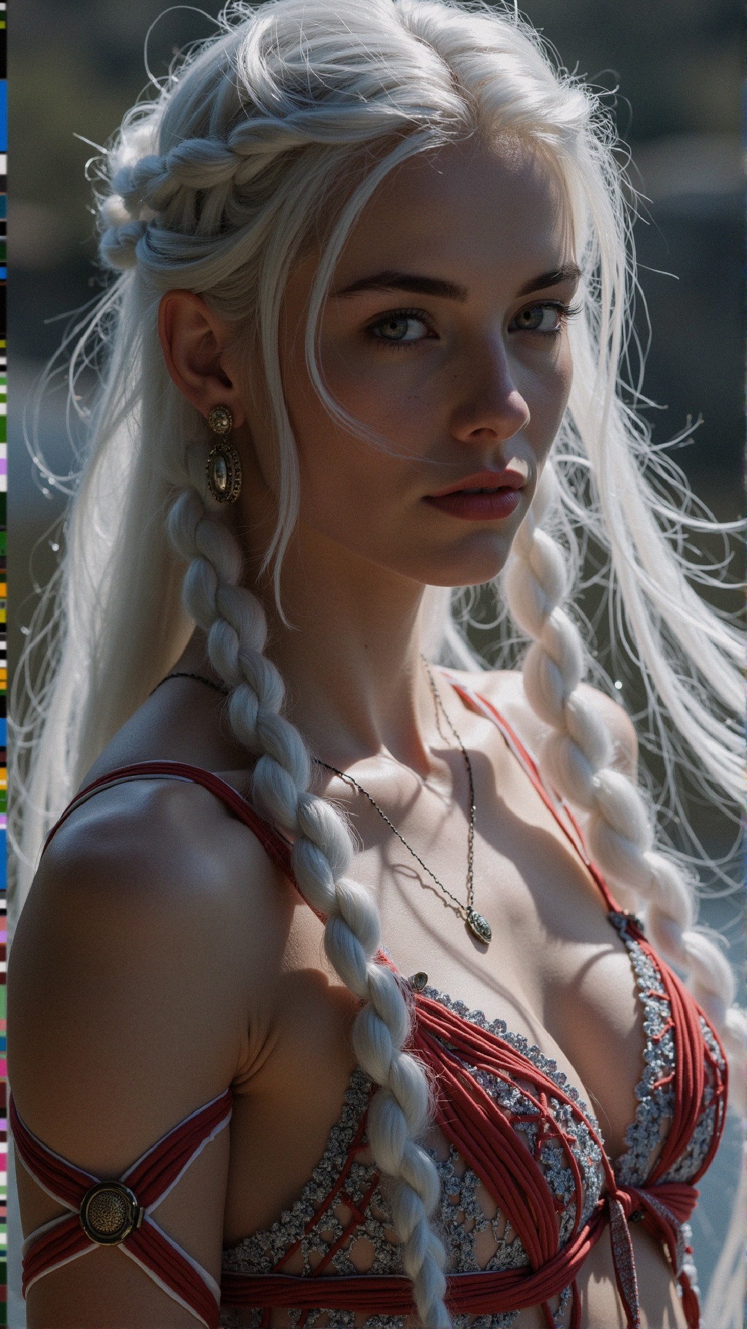 Young woman with white braided hair in red outfit