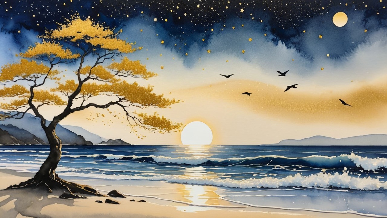 Serene Beach Sunset with Gentle Waves and Silhouetted Tree