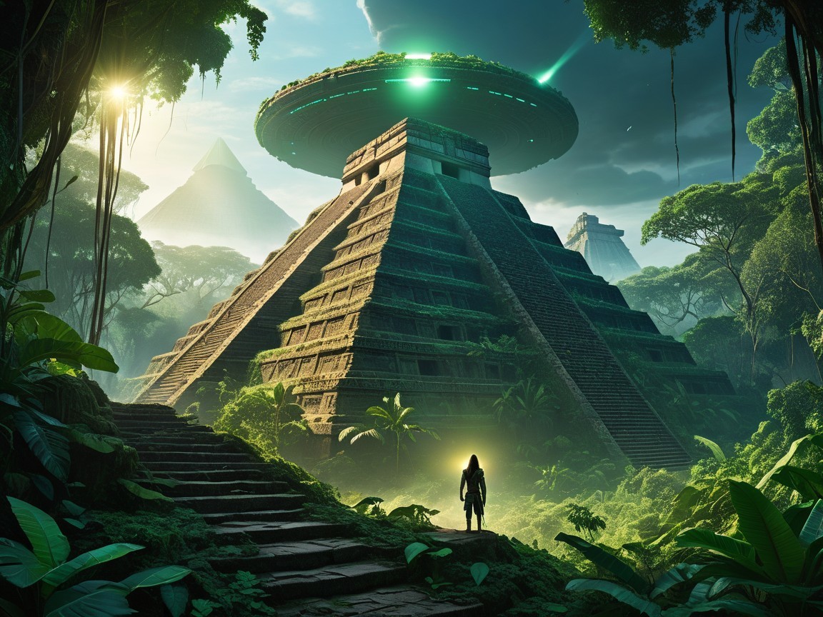 Mysterious Temple Surrounded by Jungle and Spaceship