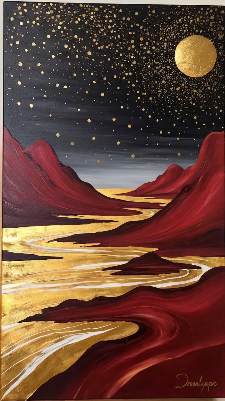 Abstract Painting of Red Mountains and Golden River