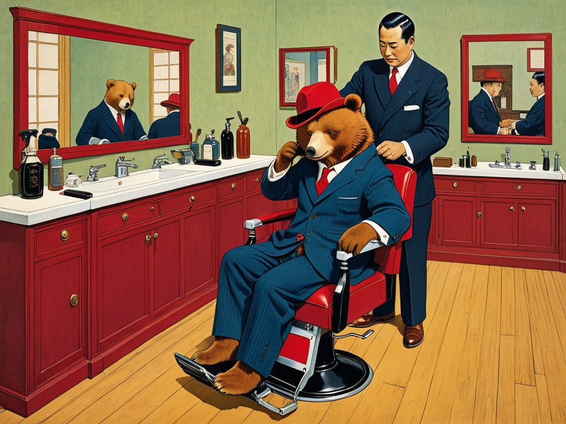 Vintage Barbershop Scene with Well-Dressed Bear