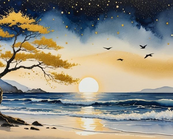 Serene Beach Sunset with Gentle Waves and Silhouetted Tree